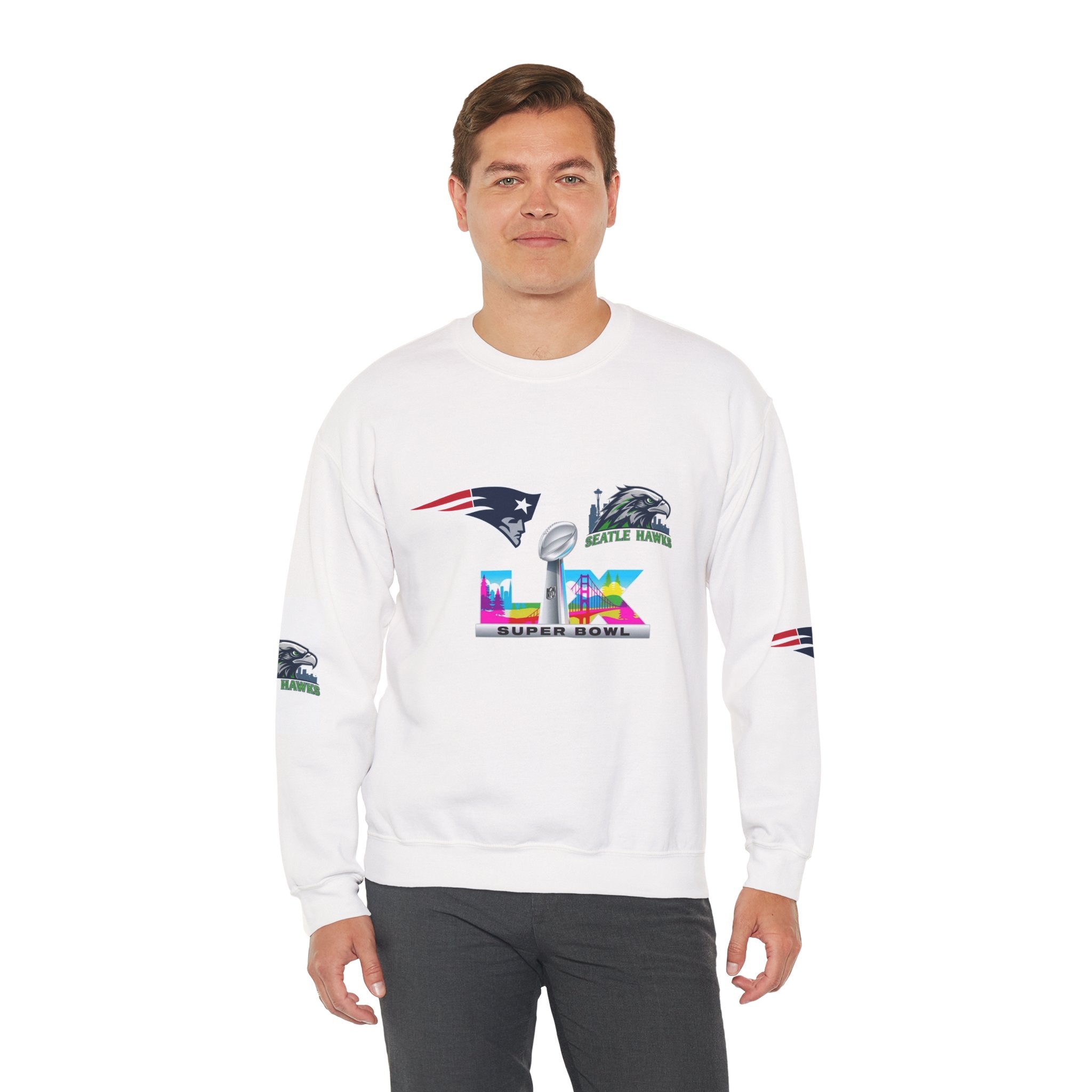 Crewneck Sweatshirt — Minimal NFL Sleeve Logos (Seahawks & Patriots)