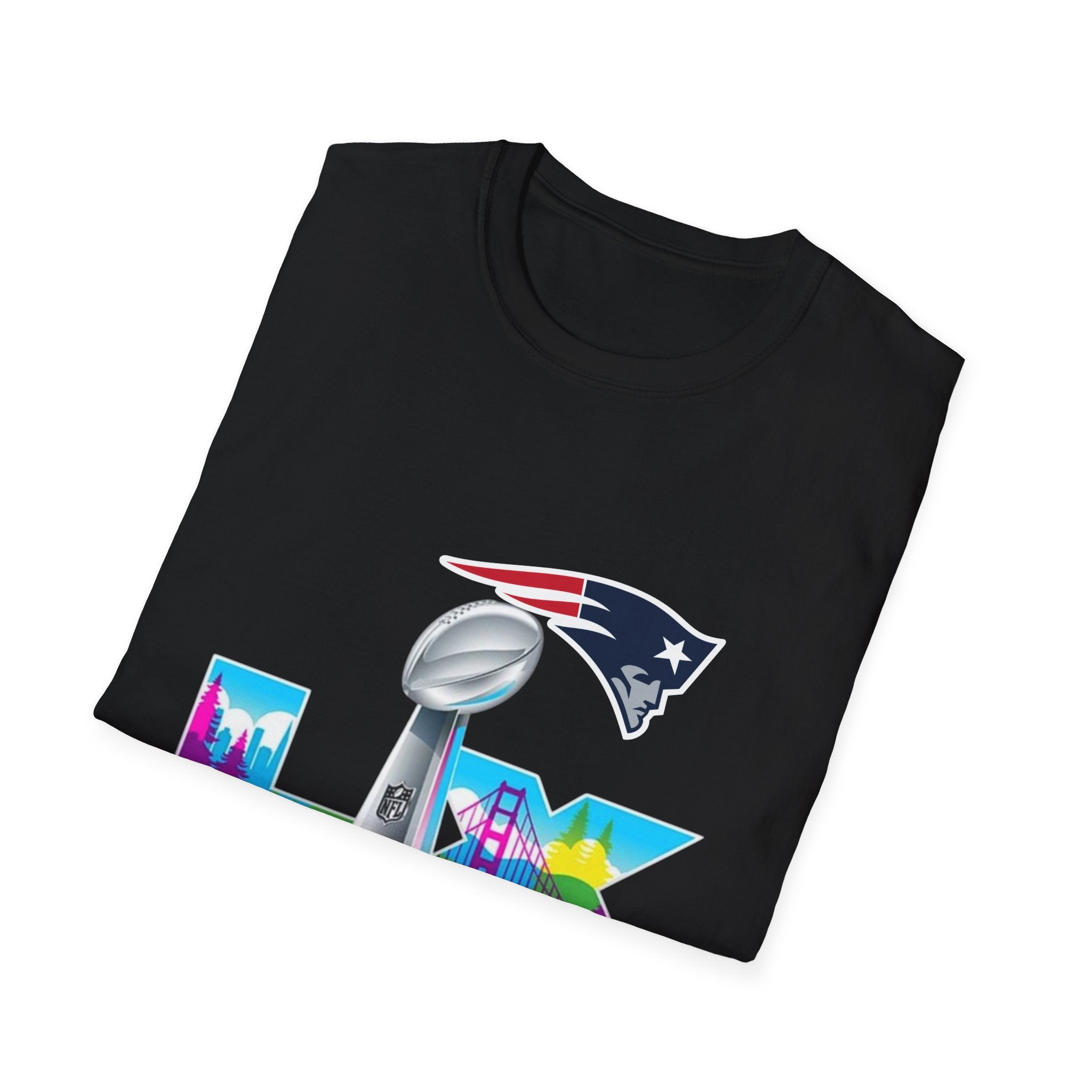 Super Bowl LIX Patriots Logo T-Shirt — Lombardi Trophy & City Skyline Football Tee