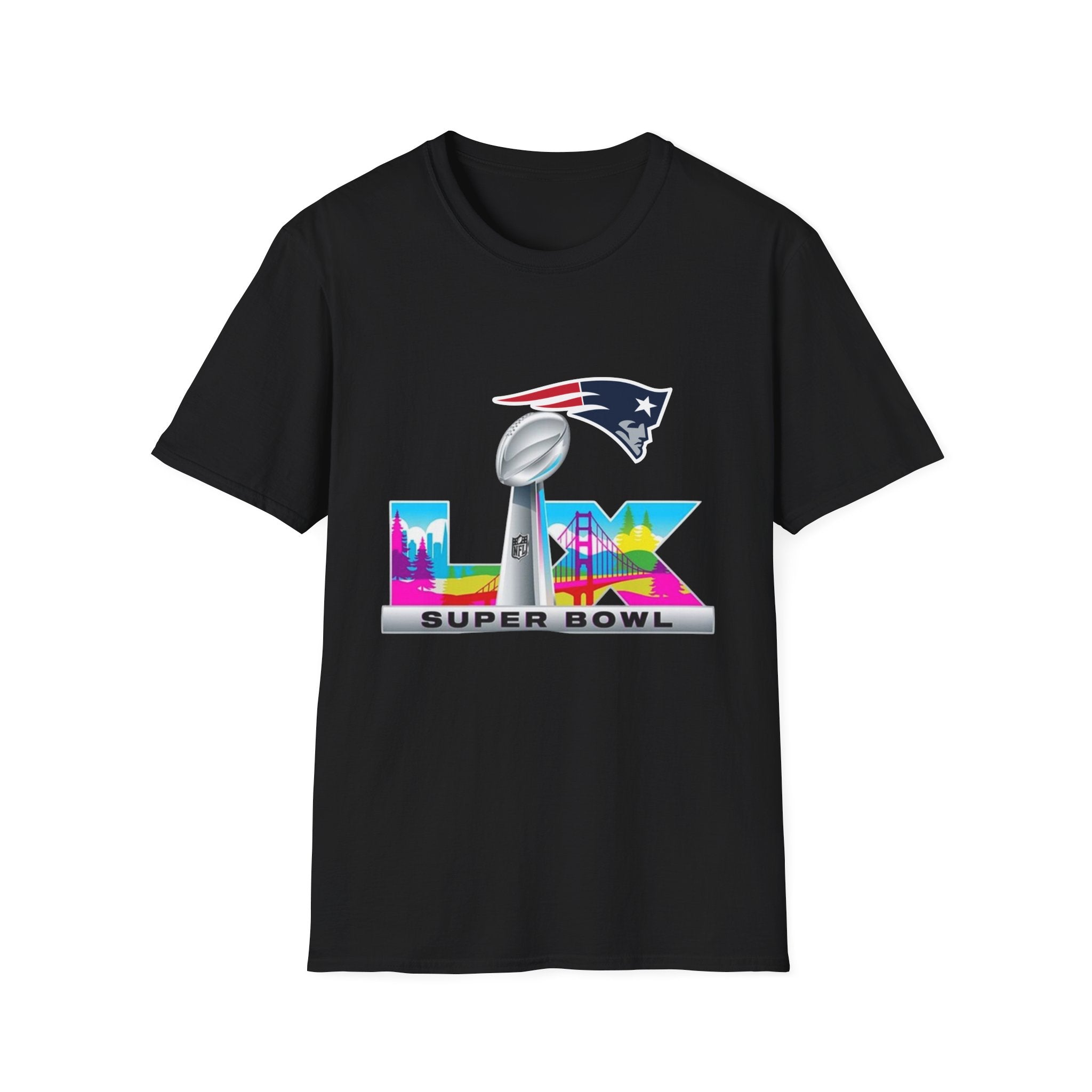Super Bowl LIX Patriots Logo T-Shirt — Lombardi Trophy & City Skyline Football Tee
