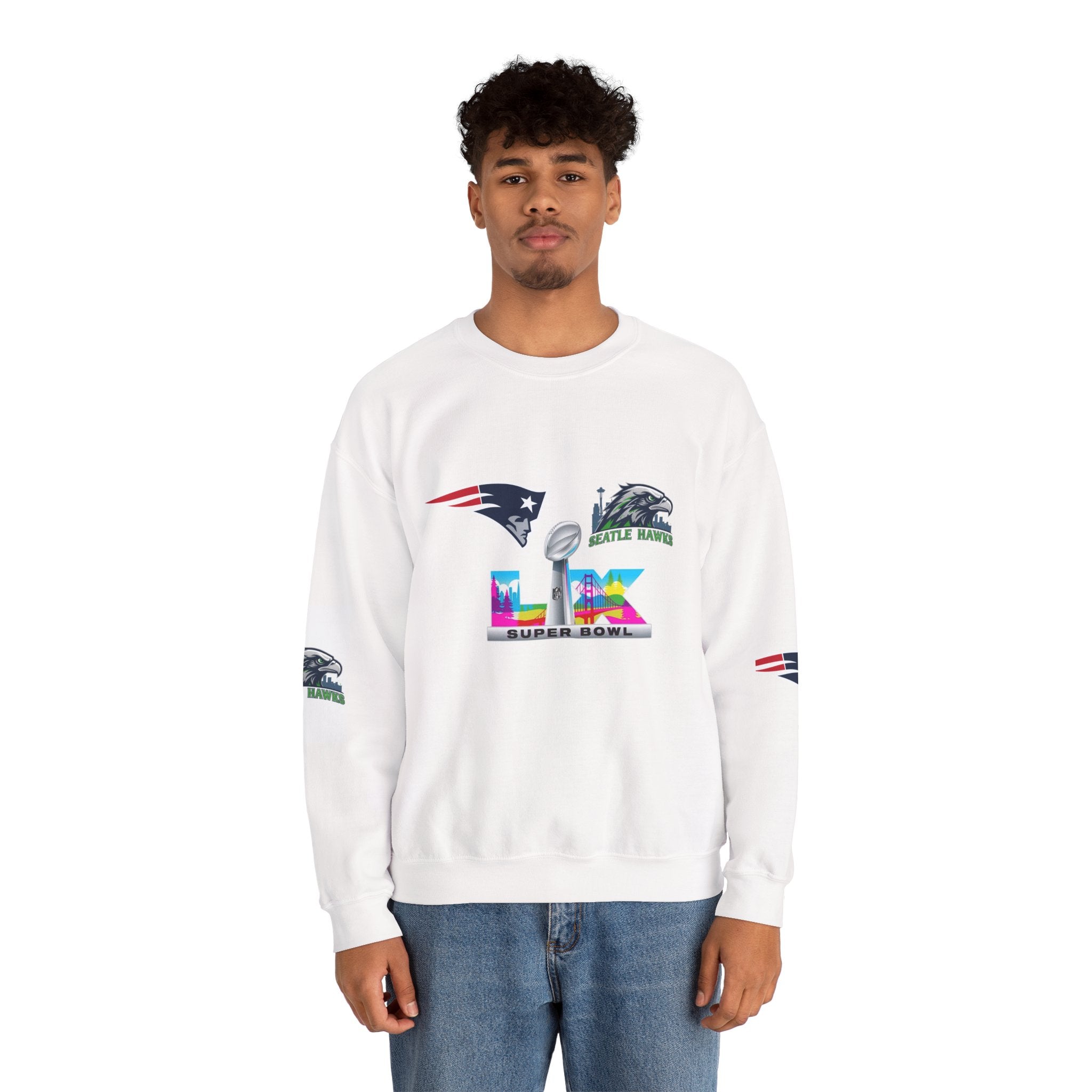 Crewneck Sweatshirt — Minimal NFL Sleeve Logos (Seahawks & Patriots)