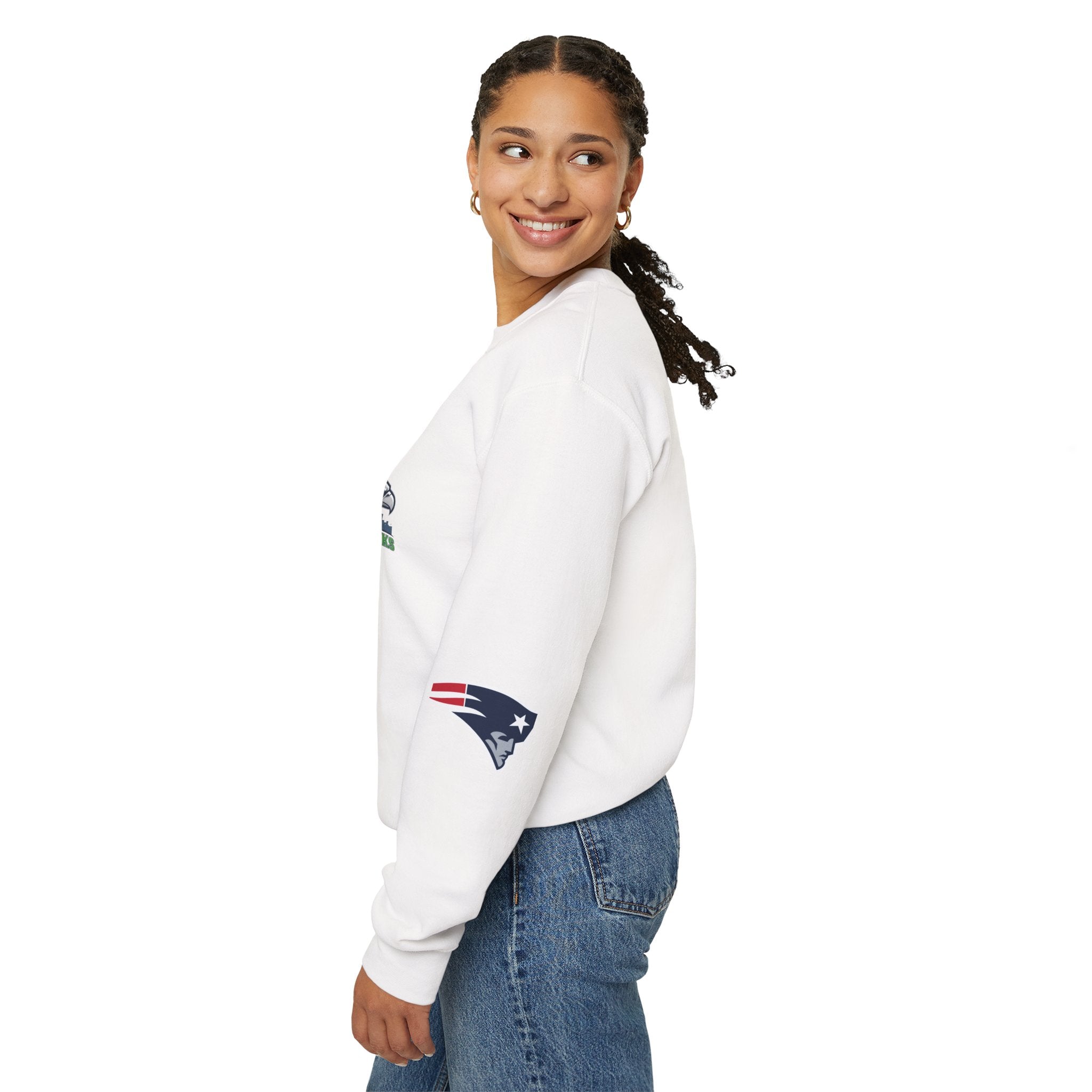 Crewneck Sweatshirt — Minimal NFL Sleeve Logos (Seahawks & Patriots)