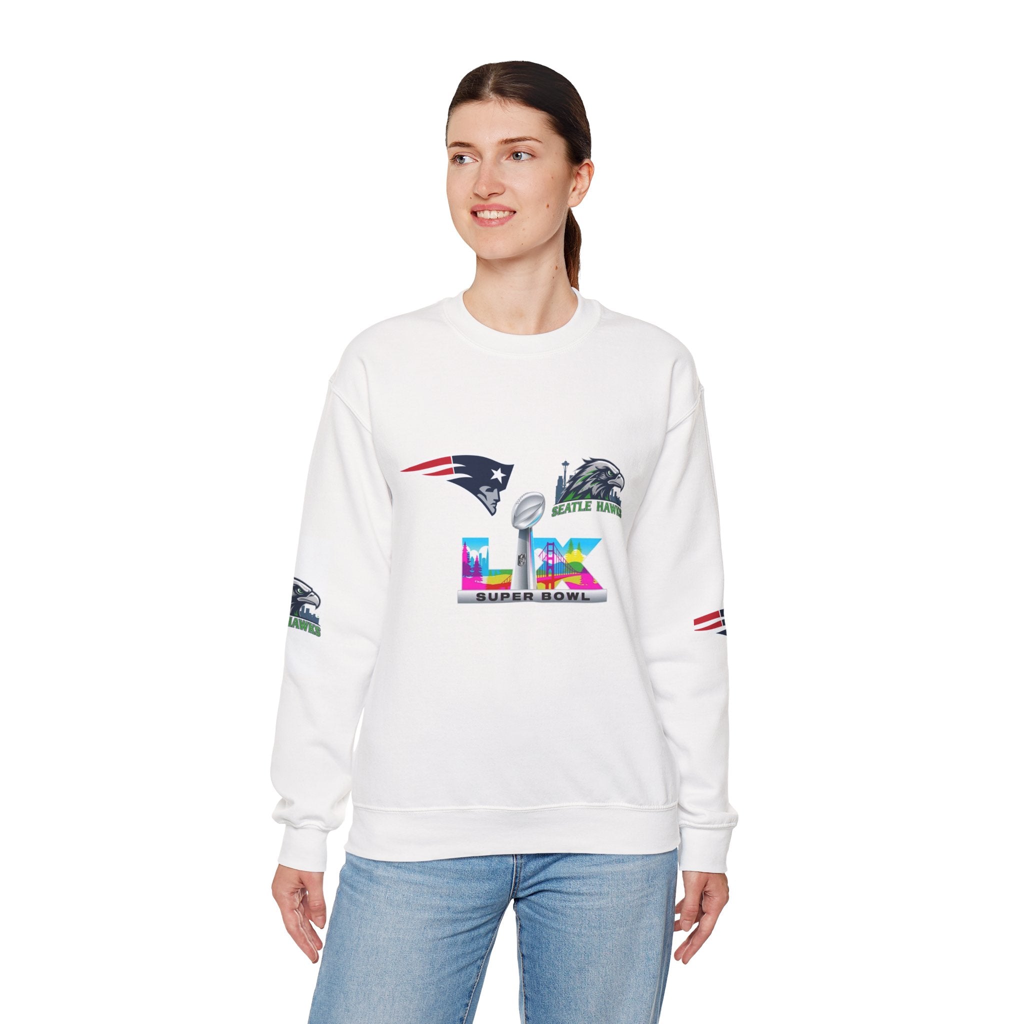 Crewneck Sweatshirt — Minimal NFL Sleeve Logos (Seahawks & Patriots)