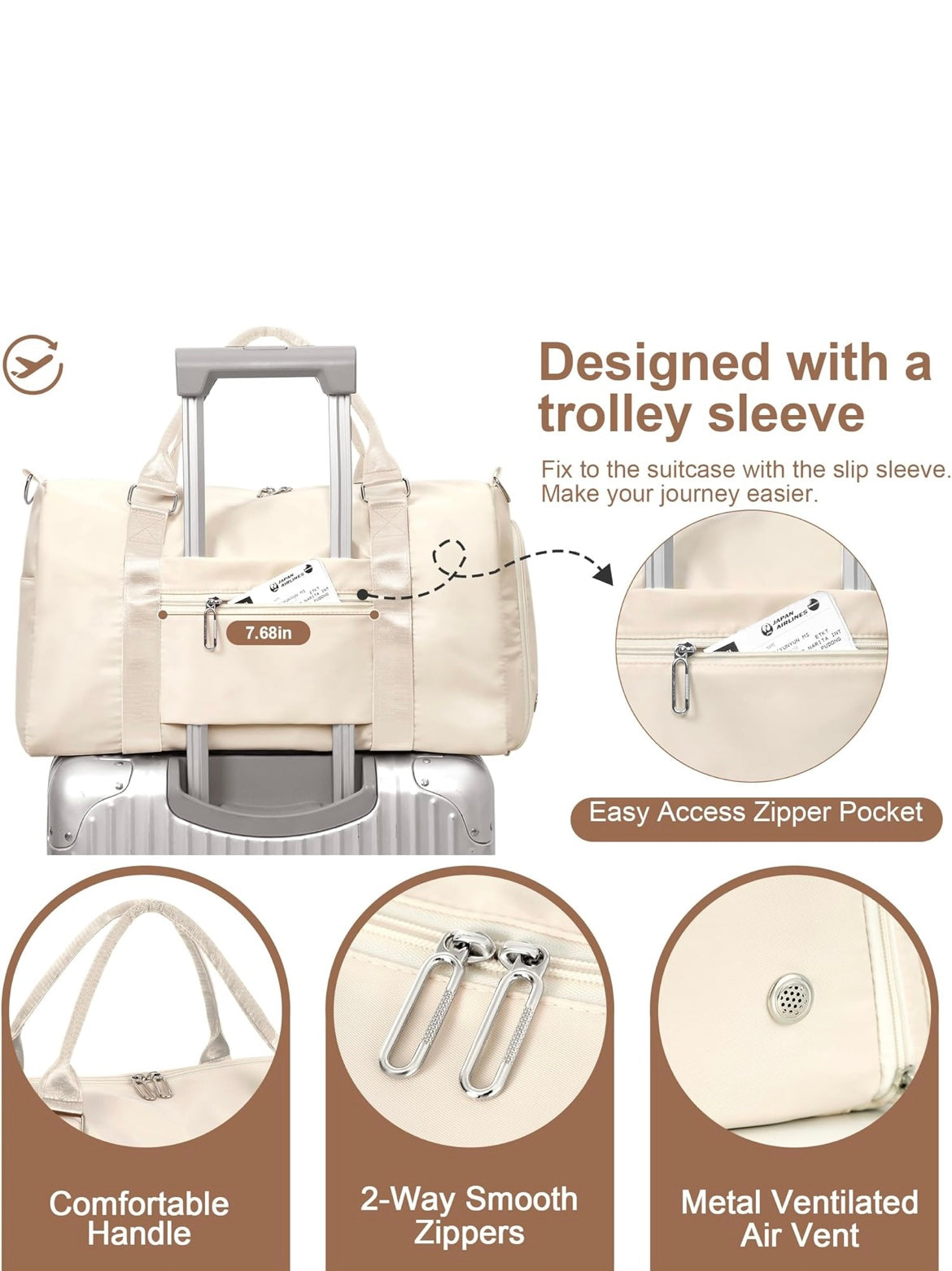 WomensBeige 35L Gym Duffel - Wet/Dry Compartments & Shoe Space