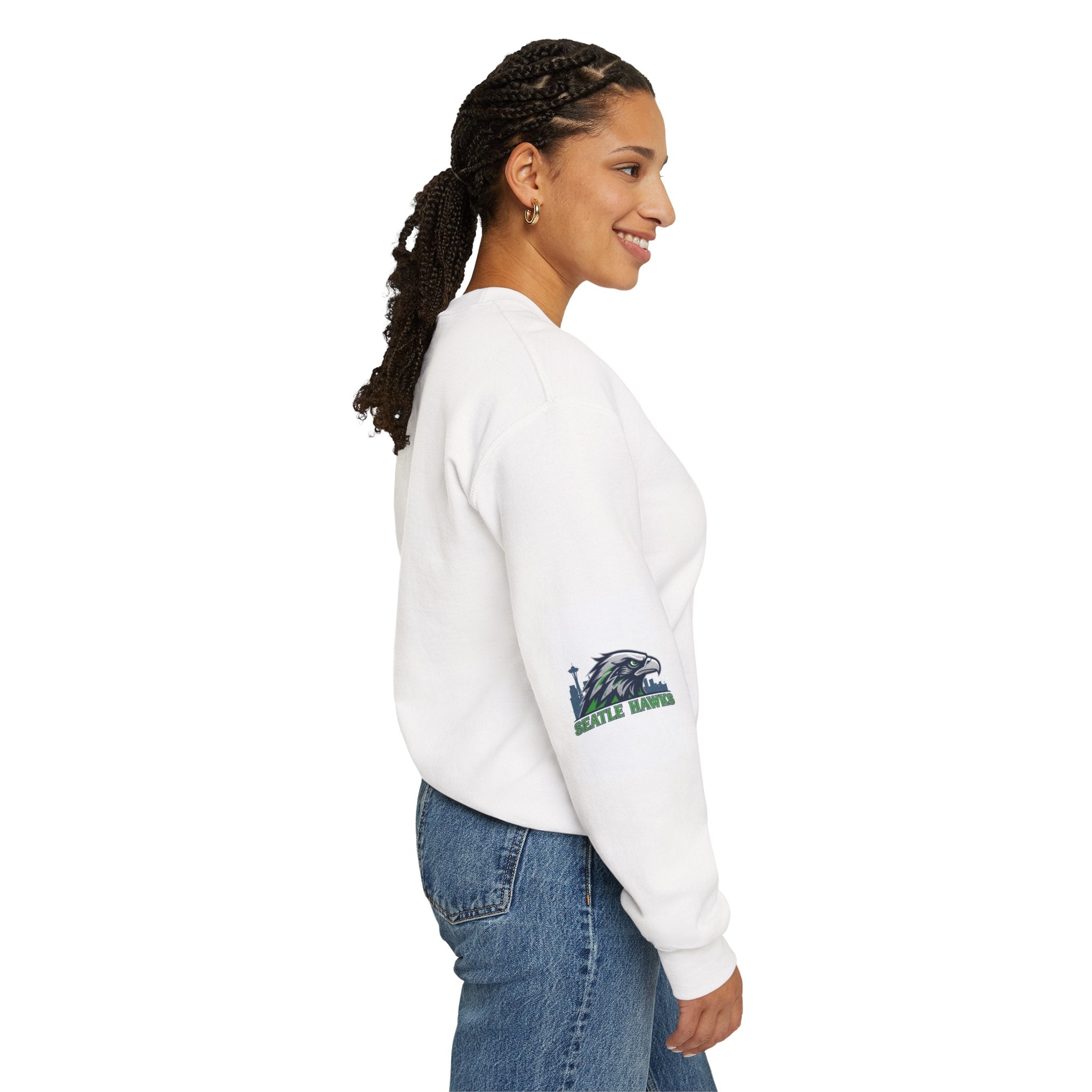 Crewneck Sweatshirt — Minimal NFL Sleeve Logos (Seahawks & Patriots)