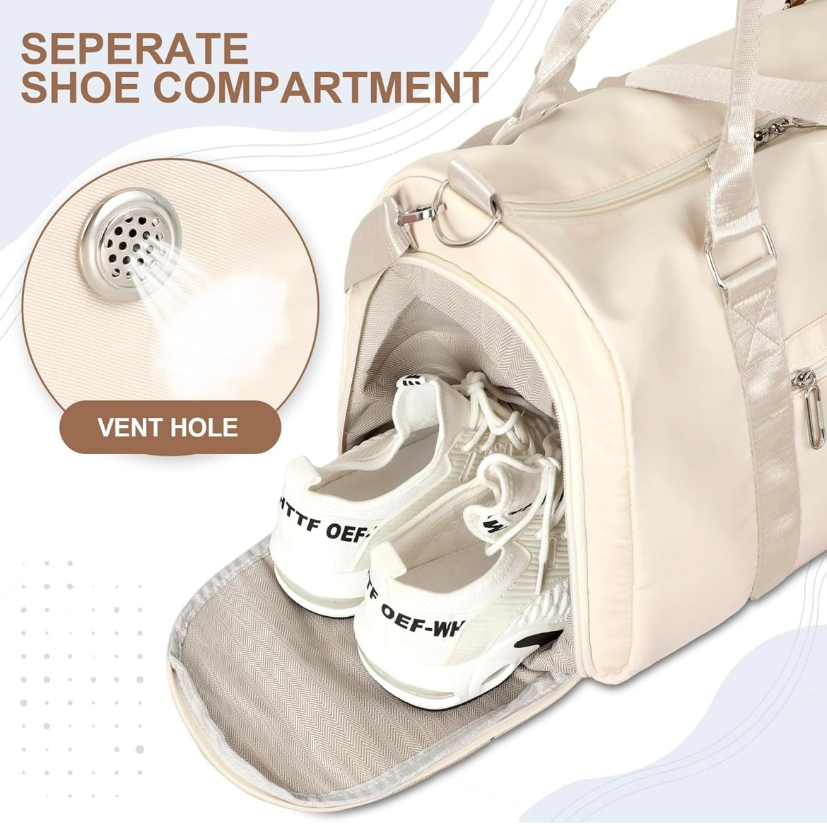 WomensBeige 35L Gym Duffel - Wet/Dry Compartments & Shoe Space